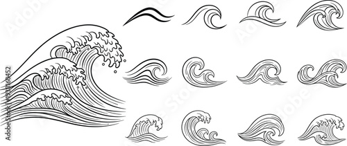 ocean wave line art set, japanese style sea waves illustration, surfing water splash vector collection isolated design