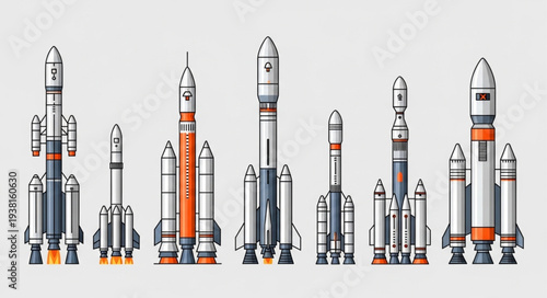 Collection of Various Space Rockets Ready for Launch.