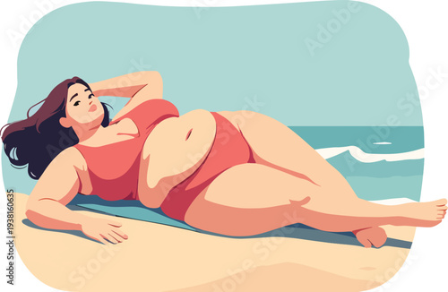 donna sdraiata in spiaggia sulla sabbia a prendere il sole vettoriale