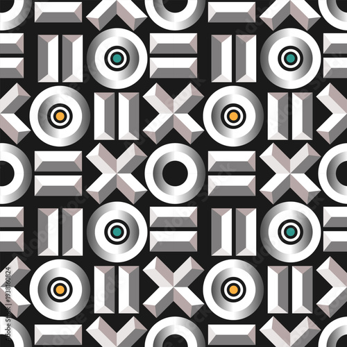 Seamless pattern with volumetric geometric objects on a black background. Vector illustration