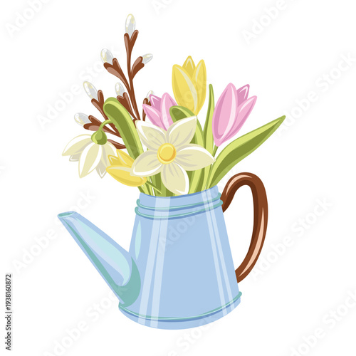 Spring bouquet of flowers in a blue watering can