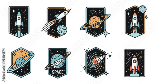 Collection of Space Exploration Badges with Rockets and Planets.