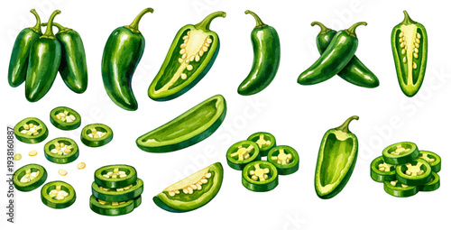 A charming watercolor collection of green jalapeño peppers and chili slices for Mexican food illustrations and cooking design.