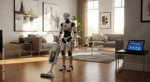 A humanoid robot vacuums a modern living room, showcasing smart home automation, advanced robotics, and convenient futuristic domestic cleaning technology.