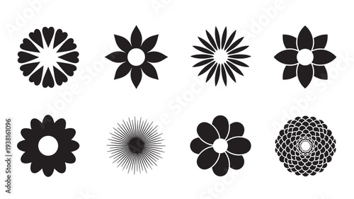 Collection of eight black floral silhouette icons with varied petal shapes and designs, isolated on a white background