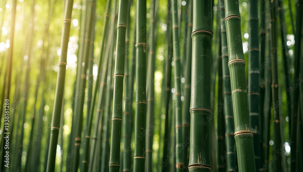 Fototapeta premium Lush Green Bamboo Forest with Sunlight Streaming through Leaves
