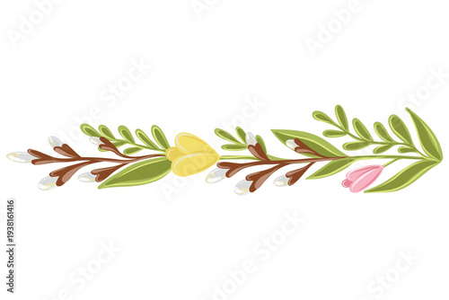 Spring Floral Branch Border With Tulips And Pussy Willow Decoration