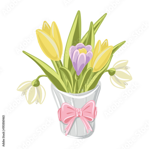 Spring flowers bouquet in vase with pink bow