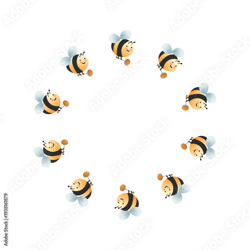 Empty round frame with bee and honeycomb