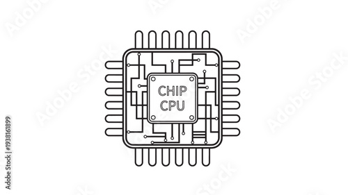 Computer chip CPU icon with circuit board lines and pins, symbolizing microprocessors and digital technology.