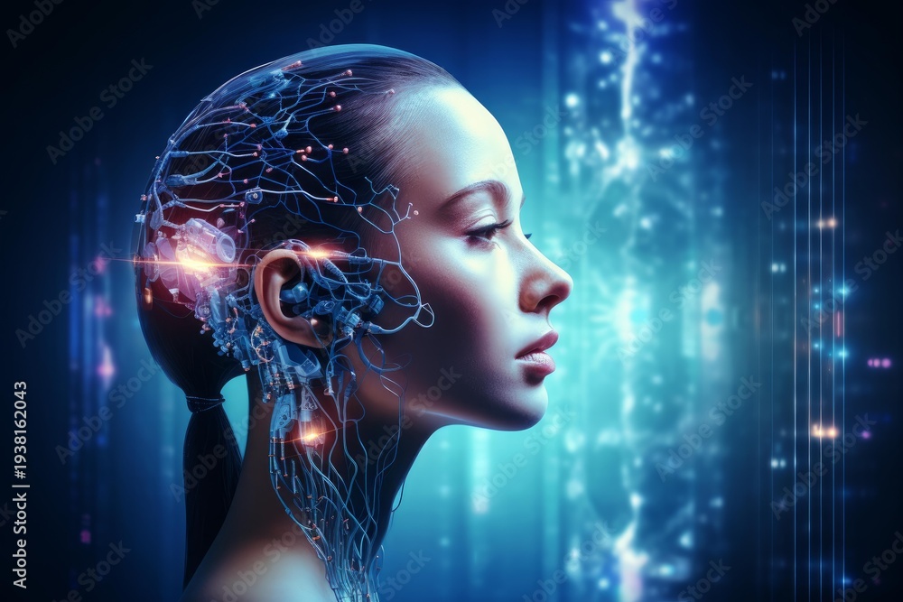 Obraz premium Cyborg woman head showing neural network connections, processing digital information