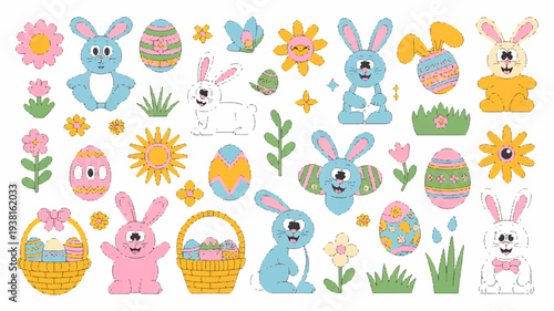 Colorful easter bunny and egg illustrations in pastel shades festive spring decoration elements cute cartoon characters and floral motifs on white