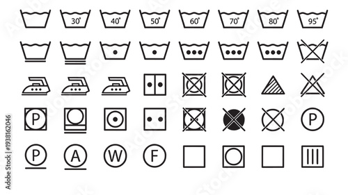 Laundry care symbols set with washing temperature, ironing instructions, and dry cleaning marks on a white background