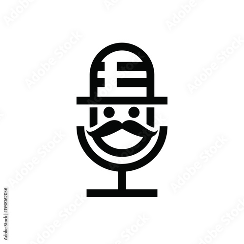 Gentleman Microphone Logo Icon Vector with Mustache and Hat. Classic Podcast and Audio Broadcast Symbol.