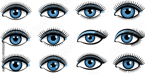 Set of 12 Blue Eyes Vector Illustrations with Long Eyelashes