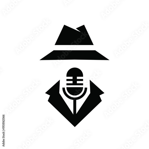 Mysterious Podcaster Logo with Fedora Hat, Microphone, and Suit Silhouette