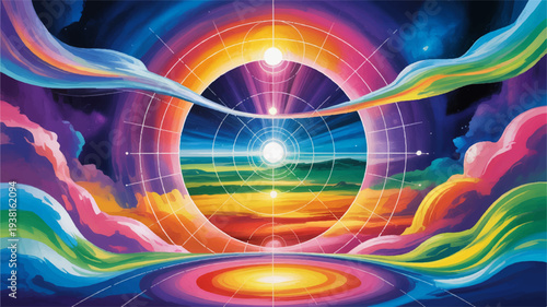 Vibrant abstract digital artwork featuring a radiant sun surrounded by colorful swirling clouds and a bright orange glow