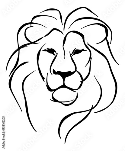 Artistic Lion Head Front View Brush Stroke Vector, Minimalist Hand Drawn Leo King Line Art, Elegant Feline Portrait for Zen Branding and Creative Tattoo Design