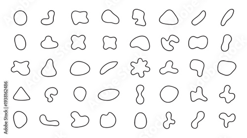 Amorphous organic shapes set with irregular fluid outlines in black on a white background, abstract elements for design.