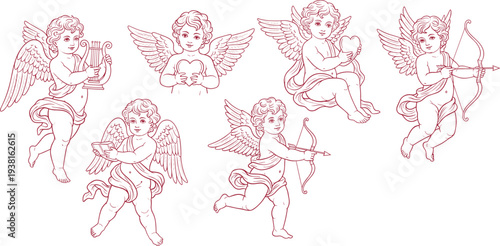 Cupid angel cherub collection with bow, heart and harp, vintage romantic love symbols set isolated, Valentine theme, flat vector illustration
