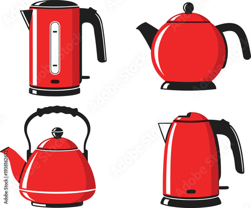 Red Electric Kettle and Teapot Collection with Modern Kitchen Water Boiler Appliances for Tea Preparation, Home Kitchen Equipment, and Beverage Vector Illustration