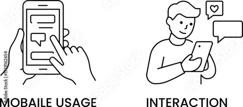 Mobile usage interaction concepts outline icons show hands holding smartphone and person engaging with mobile device
