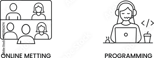 Online meeting programming concepts outline icons represent virtual conferences and coding activities