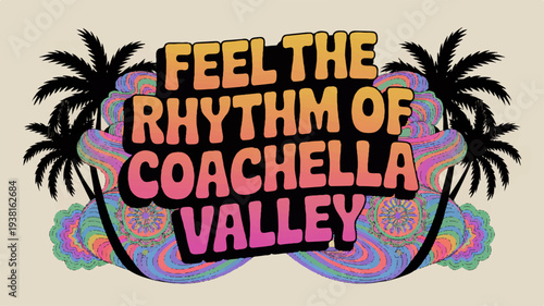 Vibrant coachella valley festival typography with palm trees on beige background