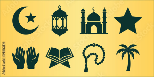 Set of dark green flat Islamic Ramadan vector icons on a gold background.