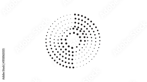 Circular dot pattern with graduating sizes and density, creating a subtle spiral or vortex effect with black dots on a white background.