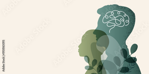 Two face silhouettes with brain and leaf elements. Mental Health concept.