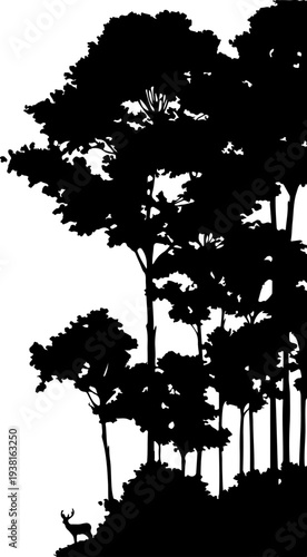 Tall Forest Trees Silhouette with Majestic Stag, Vertical Woodland Landscape Vector Art, Wilderness Nature Scene with Deer for Eco-Friendly Branding