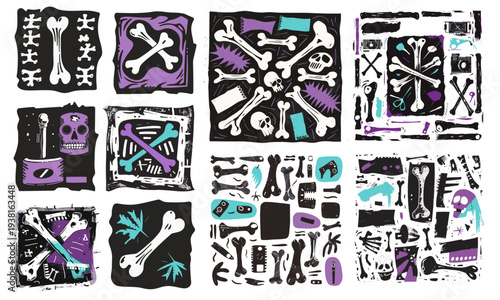 Logo design vector set and background pattern set. Weird punk experimental style. rebellious, minimal, powerful.. Bones, teeth and skull.