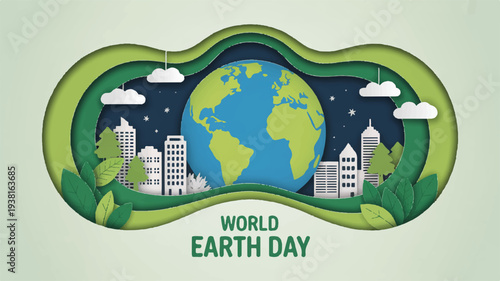 Earth day illustration with cityscape globe and greenery on a light green background celebrating world earth day