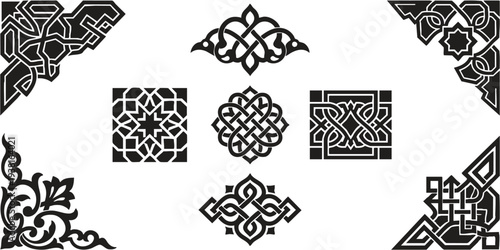 Set of black Islamic geometric interlaced knot vector borders and corner ornaments.