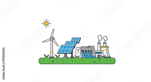 A green landscape features a wind turbine, three solar panels, a hydroelectric dam, and a factory under a small yellow sun.