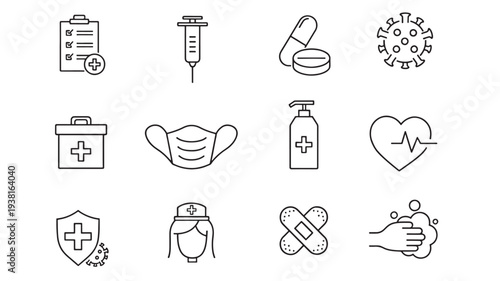 Icons medical set with syringe, face mask, virus, and first aid kit for healthcare and medical concepts.