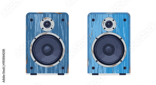 Two retro-styled, weathered blue wooden audio speakers with visible woofers and tweeters are positioned upright on a pristine white surface.