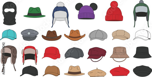 Winter Hat and Cap Collection with Beanie, Cowboy Hat, Bucket Hat, Beret, Balaclava and Baseball Cap for Fashion Accessories Vector Icon Set