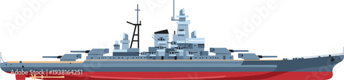 Modern warship with red hull and advanced weaponry on the ocean