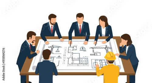 Six business professionals, including one wearing a yellow hard hat, are gathered around a large table, intently examining an architectural blueprint.