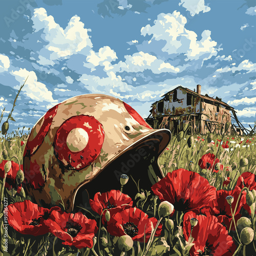 A helmet and poppies in a field with a dilapidated building in the background. , vector style simple color