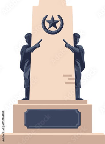 Two men in dark clothing pointing guns at star symbol on monument