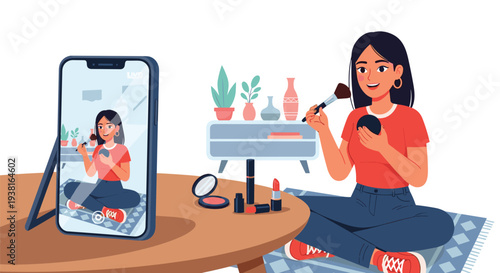 A young woman sits cross-legged on a patterned rug, applying makeup with a brush while observing her reflection in a smartphone propped on a round wooden table.