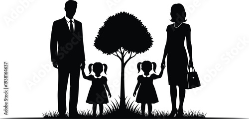 Happy family silhouette with parents and children under tree, parenting love together concept, outdoor family bonding flat vector illustration