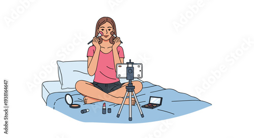 A young woman sits cross-legged on a blue bed, applying makeup with two brushes while recording herself with a smartphone mounted on a tripod.