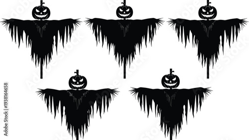 Halloween scarecrow pumpkin silhouette set, spooky scarecrow decoration, creepy jack o lantern character, horror autumn festival design flat vector illustration