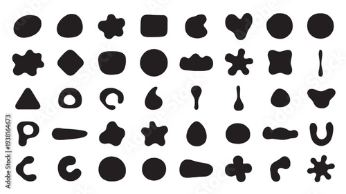 Organic abstract shapes in black fill on a white background, featuring a diverse collection of rounded blobs and starburst forms.
