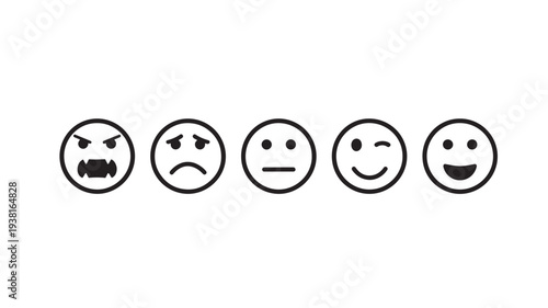 Emoticon icons with diverse facial expressions, ranging from angry to happy and winking with simple line art