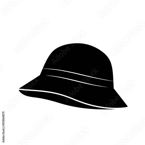 Elegant black hat with a stylish white band, isolated on white.